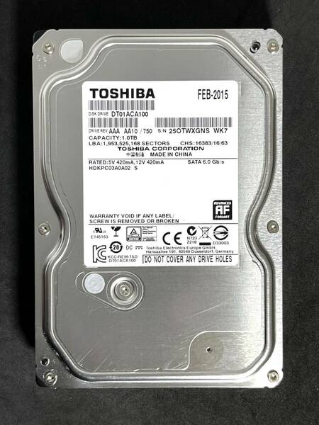 【送料無料】 ★ 1TB ★　TOSHIBA　/　DT01ACA100　【使用時間： 104 ｈ】　2015年製　稼働極少　3.5インチ 内蔵HDD　SATA600/7200rpm　