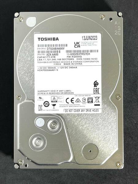 【送料無料】　★ 6TB ★　TOSHIBA / DT02ABA600V　【使用時間： 192 ｈ】　2023年製　稼働少　3.5インチ内蔵HDD　SATA　AVコマンド対応