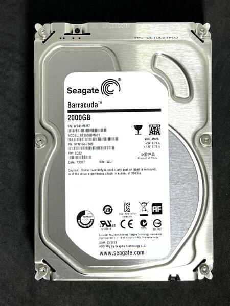 【送料無料】 ★ 2TB ★　ST2000DM001　/　Seagate　【 使用時間：24ｈ 】稼働極少　3.5インチ 内蔵HDD SATA　ST2000DM001-9YN164　FW:CC82