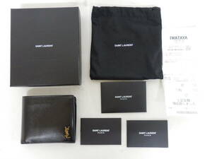 172H833E◆SAINT LAURENT サンローラン タイニー カサンドラ 二つ折り財布 小銭入れ有り 黒 ゴールド 中古