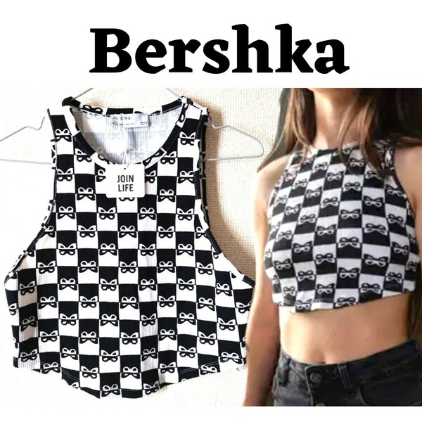 新品 未使用Bershka ベルシュカ Butterfly checker Top・size　L　バタフライ チェッカー クロップタンクトップ チェッカーボード 黒白