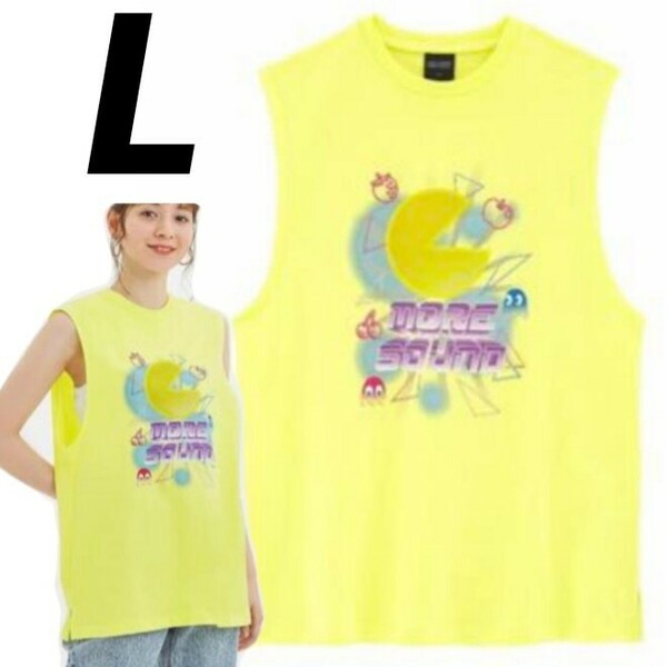 L 新品 GU タグ付 パックマン ビッグ タンクトップ アーケードゲーム ゲームチュニックT game pacman ノースリーブTシャツ neon Yellow