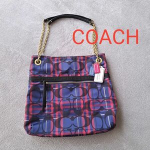 COACH　ショルダーバック　バンドバック　シグネチャー　チェック柄　ポピー　レディースバック　チェーン