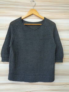 1172[ Honshu only free shipping ]SHIPS Ships lady's sweater charcoal gray made in Japan V neck 7 minute sleeve with defect 