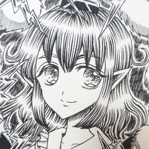 自作 手描き イラスト☆ハガキサイズ ペン画☆射命丸文☆文とカメラ☆東方プロジェクト☆モノクロ☆ポスカ ☆ 