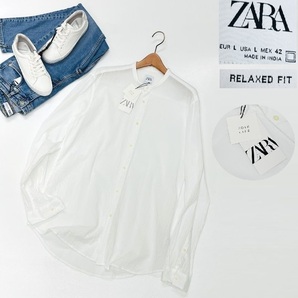 【L】ZARA ホワイト リラックスフィット長袖バンドカラーシャツ タグ オフィスカジュアル トップス 通勤 羽織り ビジネス 白 メンズ ザラ