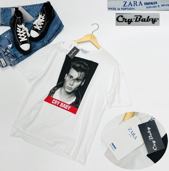 【S】ZARA Cry-Baby ホワイト 半袖Tシャツ メンズ レディース タグ カジュアル トップス 通勤 ジョニーデップ プリント 白 デイリー ザラ