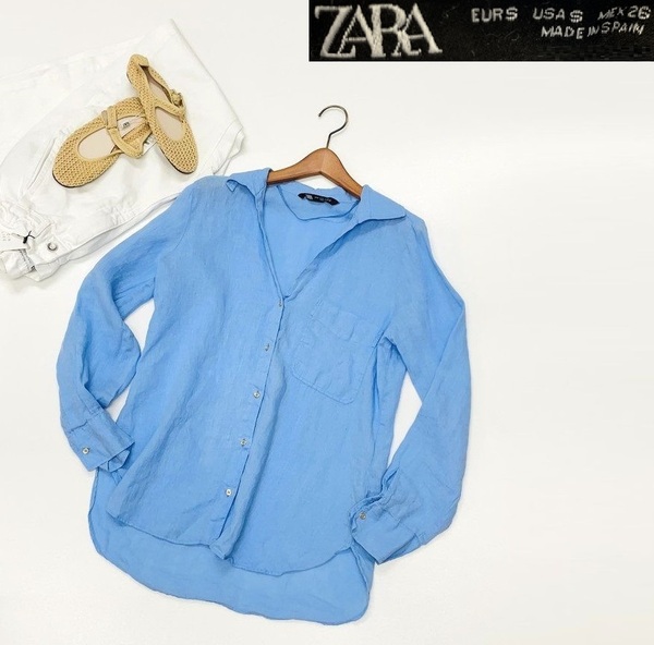 未使用品 /S/ ZARA ライトブルー 長袖リネンシャツ レディース タグ カジュアル トップス 通勤 フェミニン 大人可愛い水色 デイリー ザラ