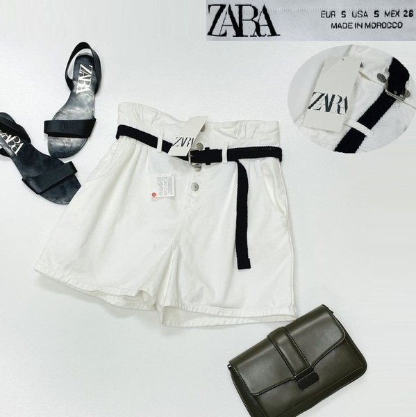 【S】ZARA ホワイト ペーパーバッグショートパンツ ベルト レディース タグ カジュアル ボトム 通勤フェミニン 大人可愛い白 デイリー ザラ