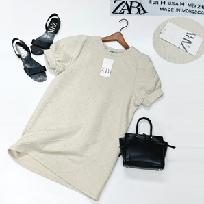 【M】ZARA ベージュ 半袖チュニック パフスリーブ レディース タグ カジュアル トップス通勤フェミニン 大人可愛い ガーリー デイリー ザラ