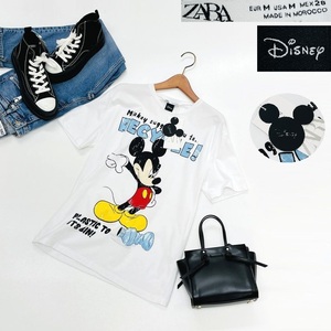 【M】ZARA Disney ホワイト 半袖Tシャツ レディース タグ カジュアル トップス通勤フェミニン大人可愛いミッキー デイリー ディズニー ザラ