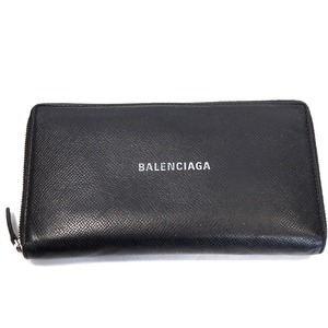 Th551053 バレンシアガ コンチネンタルウォレット 594317 本革 ブラック ロゴ ラウンドファスナー長財布 メンズ BALENCIAGA 中古