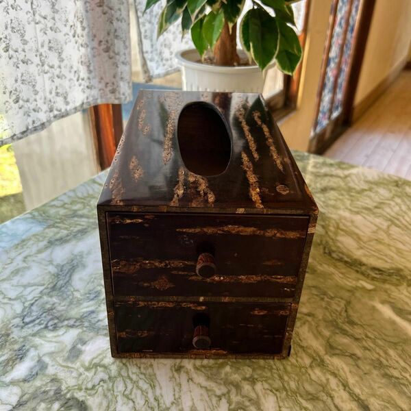 桜皮細工ティッシュBOX 小引き出し 木製 小箪笥