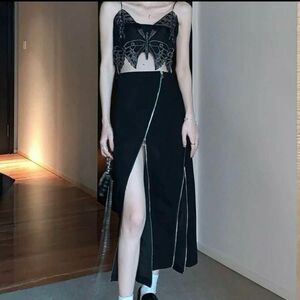 ブラックジップロングスカートMサイズ韓国ファッション