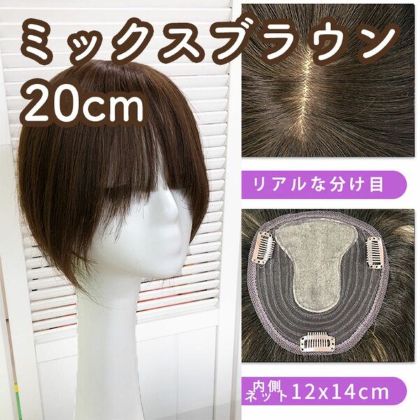 人毛100% 部分ウィッグ ヘアピース 頭頂部 ミックスブラウン【20cm】