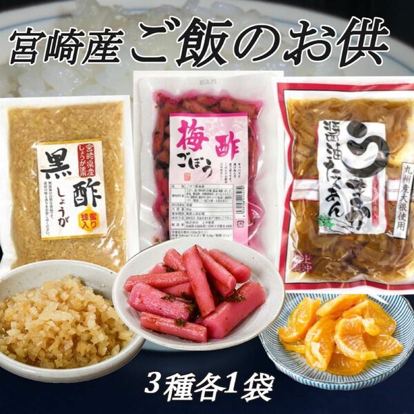 宮崎の漬物3種　黒酢生姜　梅酢ゴボウ　うまか醤油たくあん　各1袋　ご飯のお供　行楽のお供　お酒の肴