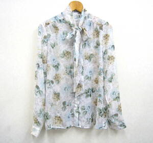 Makers Shirt 鎌倉◆メイカーズシャツ 鎌倉シャツ 花柄 リボンタイ 長袖 ブラウス レディース サイズ9 日本製