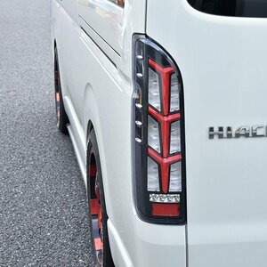 HELIOS 200系 ハイエース 3D ユーロ ビーム テール ランプ 左右 クリア レッドファイバー × ブラック 新品 シーケンシャル トヨタ