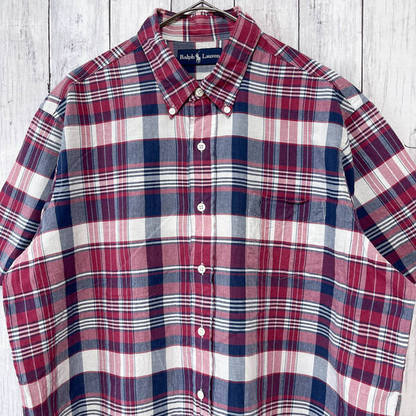 ラルフローレン Ralph Lauren チェックシャツ 半袖シャツ メンズ コットン100% XLサイズ 5‐724