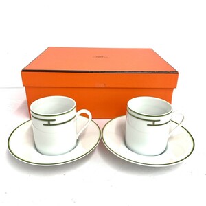 新品同様◆HERMES エルメス コーヒーカップ&ソーサー◆2客セット 箱付 ホワイト 洋食器