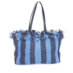 良好◆Kate spade ケイトスペード かごバッグ◆ ブルー フェイクストロー×レザー 編み込みトート ストライプ レディース bag 鞄