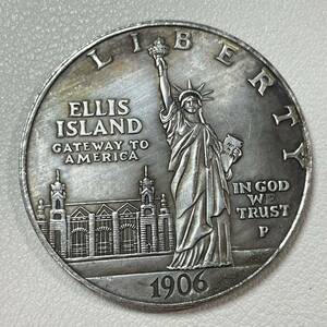 アメリカ 硬貨 古銭 エリス島 1906年 自由の女神 アメリカへの玄関口 松明 「新たな巨像」銘 記念幣 コイン 重20.22g 銀貨