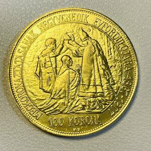オーストラリア＝ハンガリー帝国 硬貨 古銭 フランツ・ヨーゼフ1世 1907年 戴冠40周年 クラウン 100コロナ 国章 コイン 重19.41g 金貨 