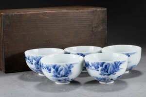 【華】某有名収集家買取品 時代物 古京焼 染付き 山水文茶盃 五客 共箱 茶煎道具 古美術 骨董品YA230698410-EE