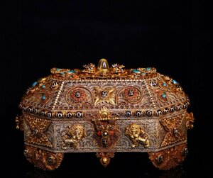 【清】某有名収集家買取品 西蔵・チベット伝来・時代物 蔵銀 象嵌寶石・天珠宝盒 極細工 密教古美術