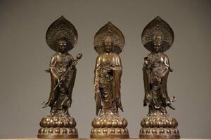 【清】某有名収集家買取品 中国・清時代 銅製 釈迦三尊造像 極細工 仏教古美術 中国古美術 唐物古董品