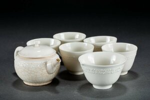 【華】某有名収集家買取品 時代物 茶道具セット 白磁雷門柄 在銘 ７点セット 骨董品 古美術 YA230698660-EQ