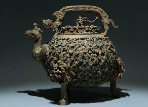 【清】某有名収集家買取品 中国・戦国時代 青銅器 梅龍鳳鳥文蓋壺 極細工 古置物 古擺件 中国古美術 唐物古董品　