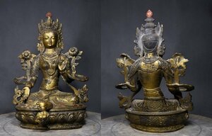 【清】某有名収集家買取品 西蔵・チベット伝来・時代物 銅製 泥金辰砂緑多羅菩薩造像 極細工 密教古美術