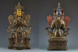 【清】某有名収集家買取品 西蔵・チベット伝来・時代物 銅金 弥勒菩薩造像 極細工 密教古美術