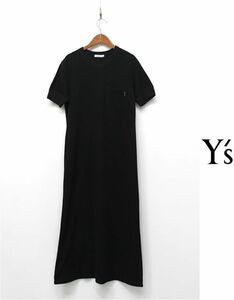 O289/Y's for living ロングニットワンピース ドレス 半袖 ストレッチ 胸ポケット コットンM~L 黒
