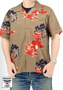 アロハシャツ「唐獅子」◆HOUSTON ブラウンLサイズ 41110 ヒューストン 和柄 和風 ハワイアン 牡丹