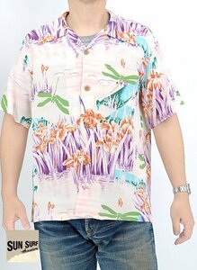 レーヨンアロハシャツ「IRIS ＆ DRAGONFLY」◆SUN SURF グリーンXLサイズ SS39218 サンサーフ ハワイアン 和柄 花菖蒲 トンボ 日本製