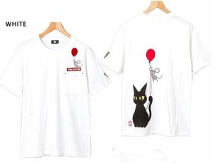 ラミ＆アール「飛んで見たいのでアール！」フェイクポケ半袖Tシャツ◆LIN ホワイトLサイズ AL-75068 黒猫 ネコ ネズミ 鼠