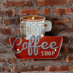 JLY093#レトロ調 コーヒーショップ看板 ライト LED 壁掛け カフェ インテリア 飲食店 装飾 ヴィンテージ アンティーク ブリキ