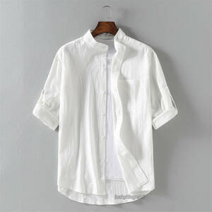 LDL1976# シャツ メンズ カジュアルシャツ　五分袖　無地　立ち襟　スタンドカラー　モテシャツ 通勤 夏　薄手 　ホワイト 3XL