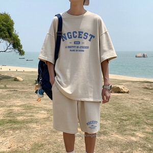 LDL1967# ジャージ メンズ　上下セット tシャツ　ショートパンツ　セットアップ　半袖　カジュアル　トレーナー　夏 　カーキ　 L