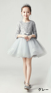 LDL081# Kids dress short child clothes girl Princess dress -s spangled long sleeve volume gray 