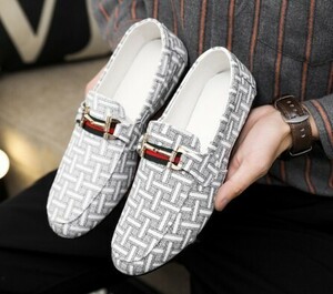 LGH877# новый товар мужской Loafer туфли без застежки в клетку движение обувь для вождения мягкий "дышит" цветочный принт белый 27.5cm