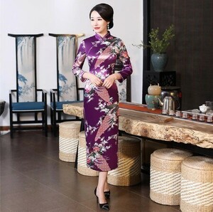 LDL398# sexy woman satin casual dress long New print flower China tea ina size S M L XL XXL 3XL 4XL 5XL 6XL
