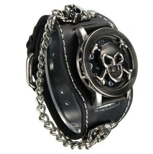 LDL257# black bread clock gothic band bracele chain Skull leather unisex wristwatch 