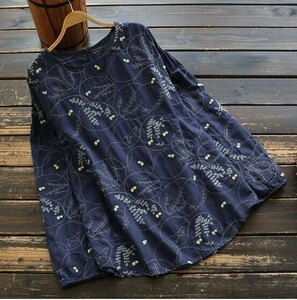 CHQ403#可愛い　春のレディース　ゆったり綿　長袖tシャツ　ラウンドカジュアルな刺繍　シャツ　ブルー フリーサイズ