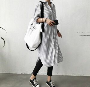 LDL2893# new arrival pretty shirt tunic border pattern slit casual long sleeve shirt long One-piece S~XL size * black white *