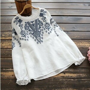 CHQ416#新型　春　婦人服　復古フリルカラー刺繍チョゴリ長袖シャツ　白　フリーサイズ