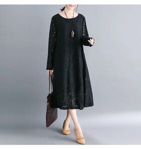 LDL034# lady's spring summer new goods casual total race easy long sleeve long One-piece tunic black M~XXL