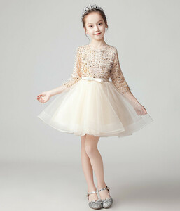 CSN050#キッズドレス ショート丈 子供服 女の子 プリンセスワンピ ース スパンコール 長袖 ボリューム ピアノ